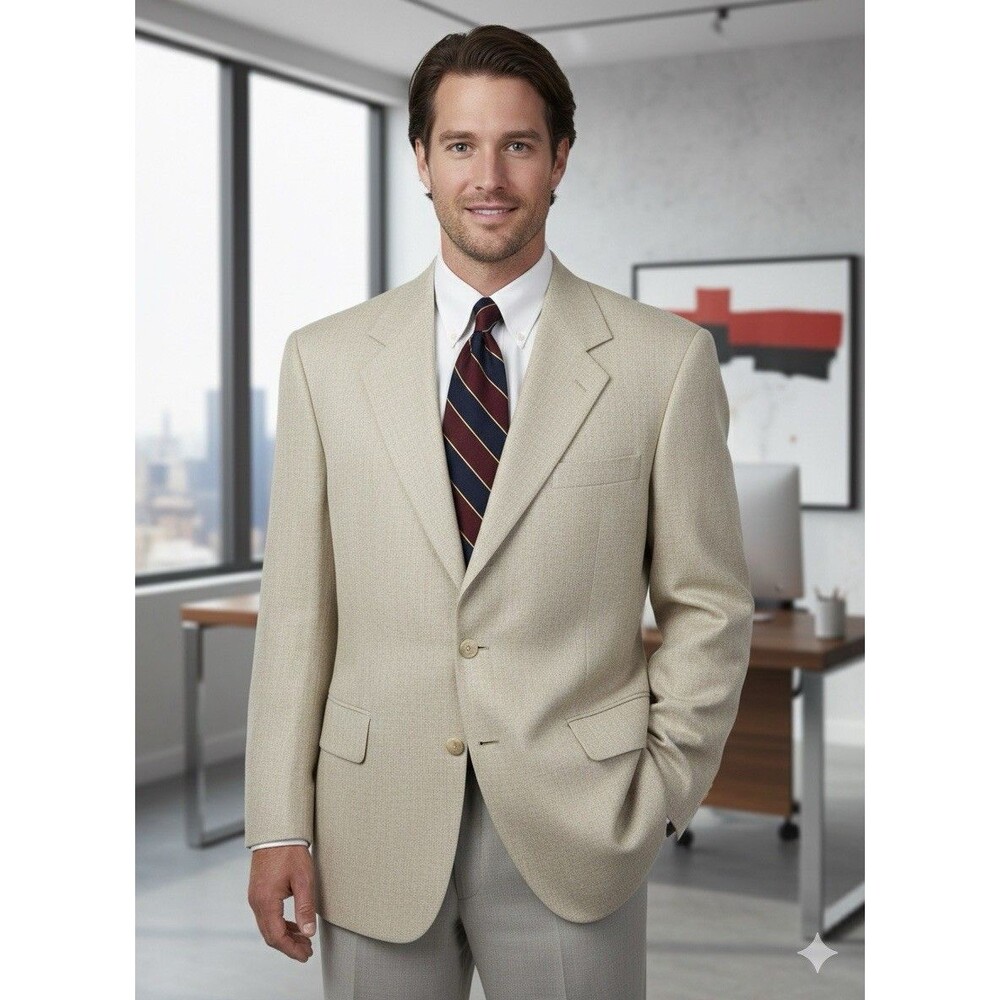 Hardy Amies London 100% Silk Blazer Men 42S Beige Textured Sport Coat Savile Row